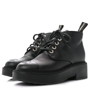 CHANEL Calfskin Pearl Lace Up Combat Short Boots Black
